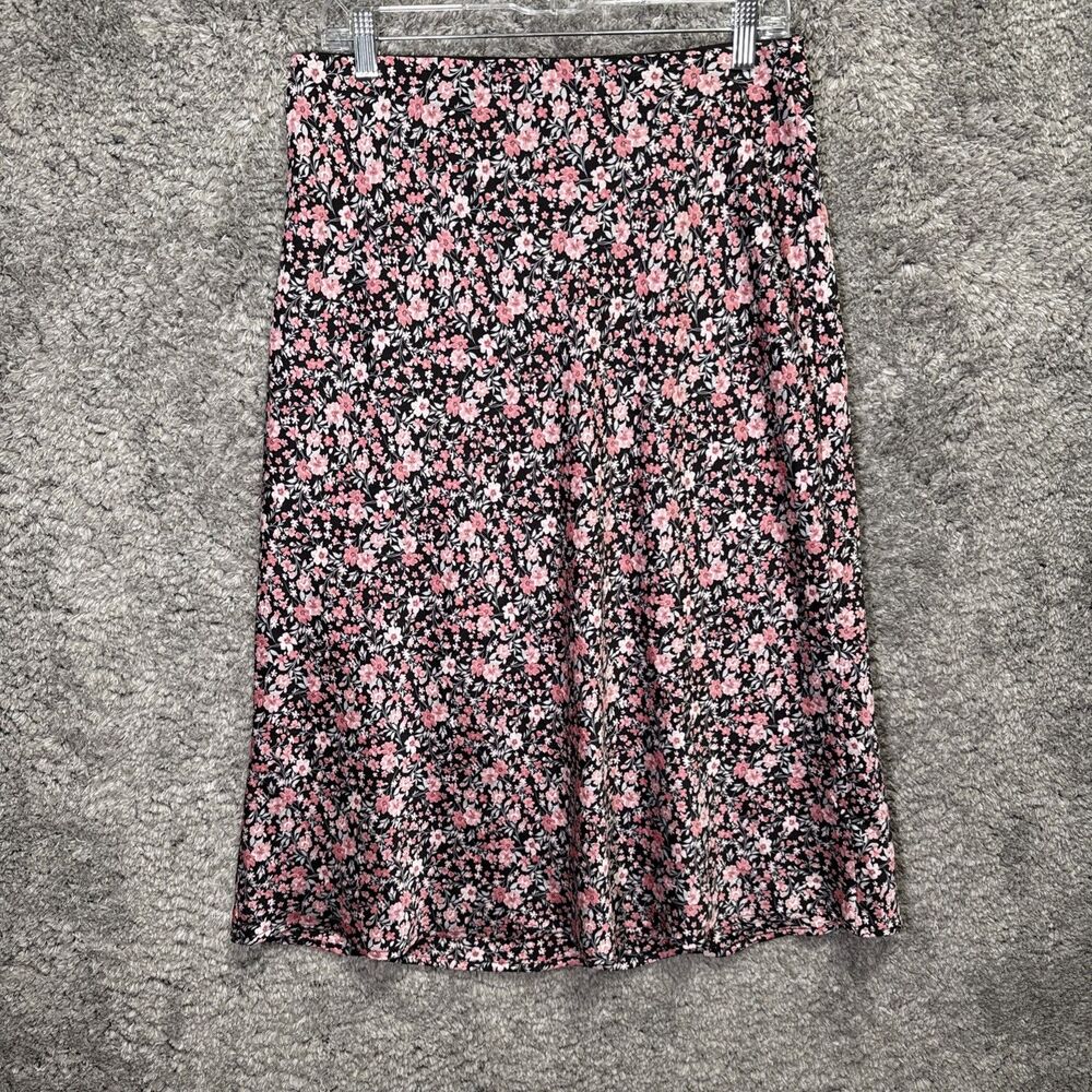 Mi Ami Floral Midi Skirt Black Pink Flowers Large Elastic Waist Flowy Feminine